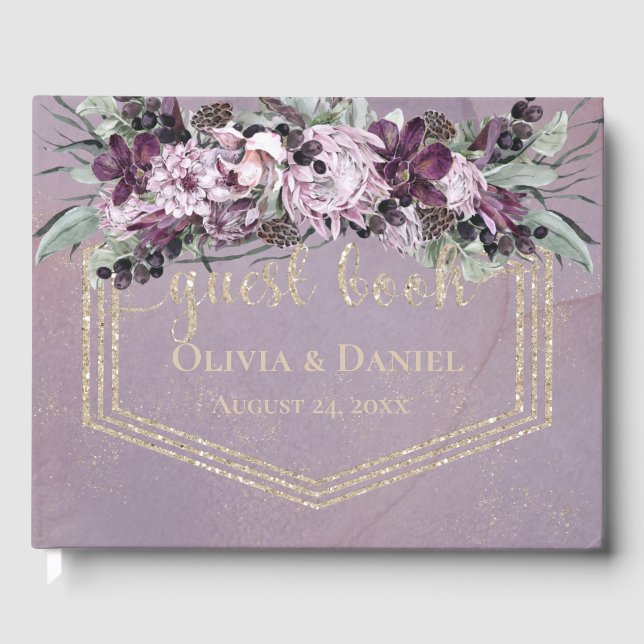 Exotic Tropical Watercolor Flowers Gold Glitter    Guest Book (Front)