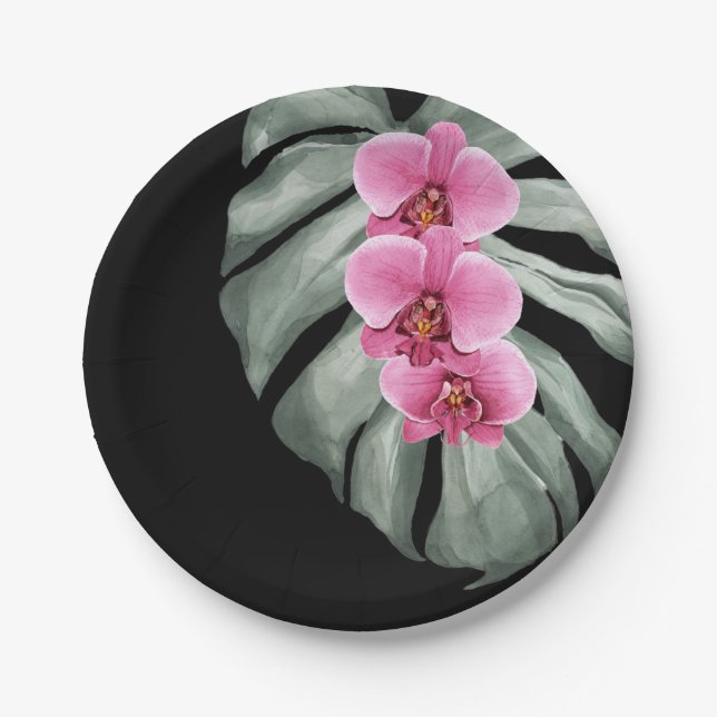Exotic Tropical Watercolor Hot Pink Orchids Paper Plate (Front)