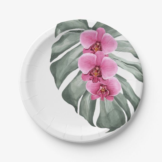 Exotic Tropical Watercolor Hot Pink Orchids Paper Plate (Front)