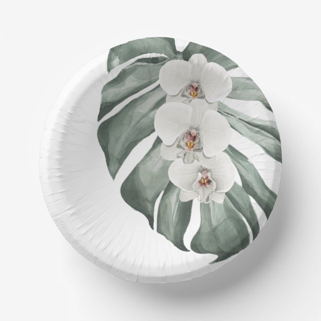 Exotic Tropical Watercolor White Orchids Paper Plate (Front)