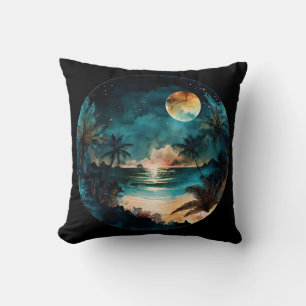 Exotic Watercolor Beach Sunset Throw Pillow
