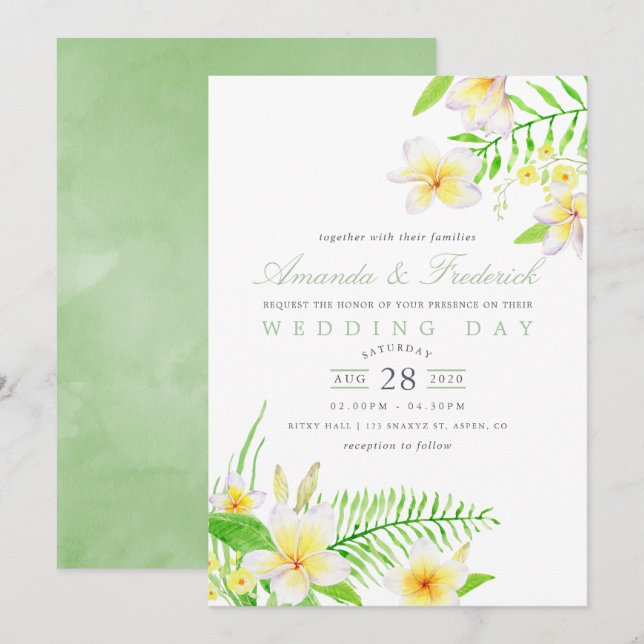 Exotic Watercolor Frangipani Floral Wedding Invite (Front/Back)