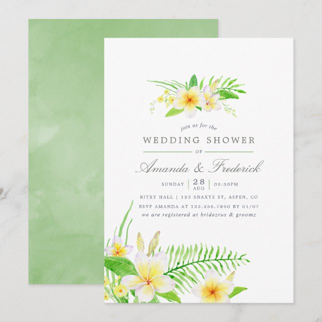 Exotic Watercolor Frangipani Wedding Shower invite (Front/Back)
