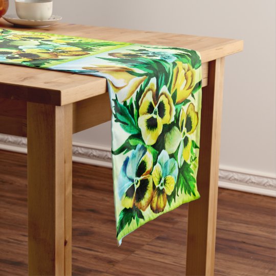 Exotic Watercolor Green Pansies Short Table Runner