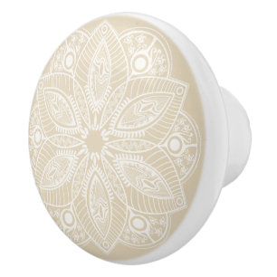 Exotic White Mandala on Beige Background Ceramic Knob