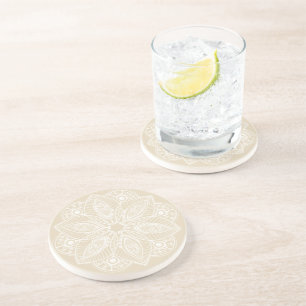 Exotic White Mandala on Beige Background Coaster