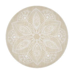 Exotic White Mandala on Beige Background Cutting Board