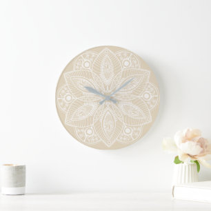 Exotic White Mandala on Beige Background Large Clock