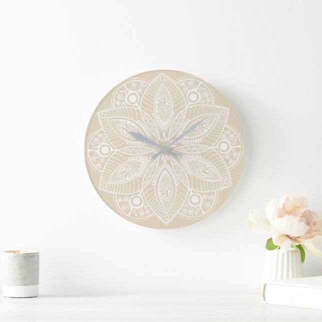 Exotic White Mandala on Beige Background Large Clock (Home)