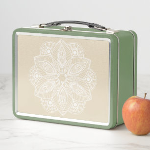Exotic White Mandala on Beige Background Metal Lunch Box