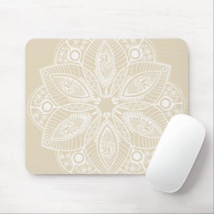 Exotic White Mandala on Beige Background Mouse Pad