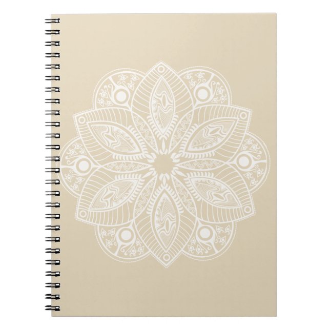 Exotic White Mandala on Beige Background Notebook (Front)
