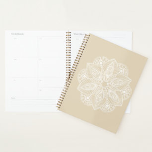 Exotic White Mandala on Beige Background Planner