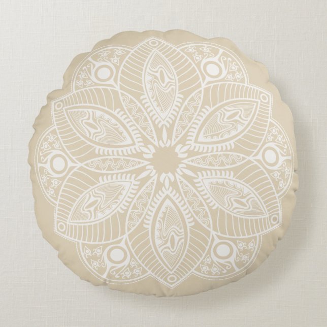 Exotic White Mandala on Beige Background Round Pillow (Front)