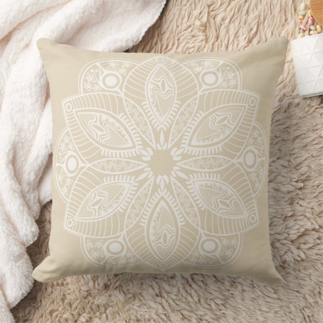Exotic White Mandala on Beige Background Throw Pillow (Blanket)
