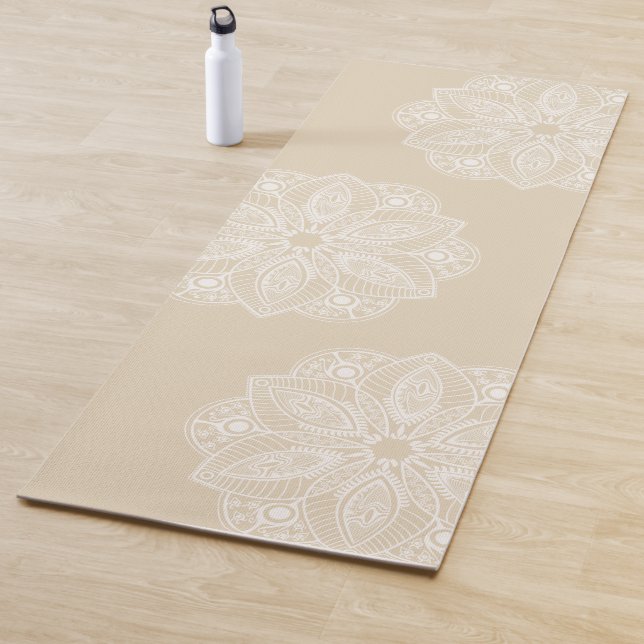 Exotic White Mandala on Beige Background Yoga Mat (In Situ)