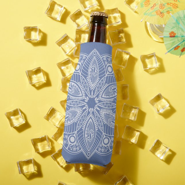 Exotic White Mandala on Blue Background Bottle Cooler (In Situ Summer)