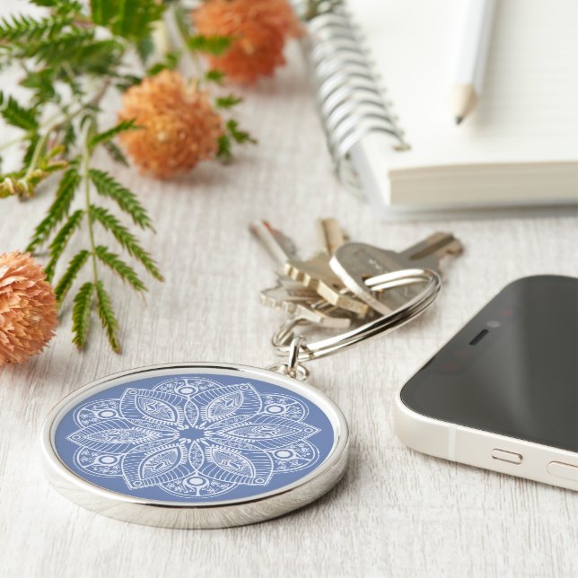 Exotic White Mandala on Blue Background Keychain (Side)