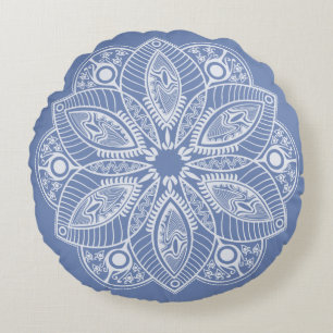 Exotic White Mandala on Blue Background Round Pillow