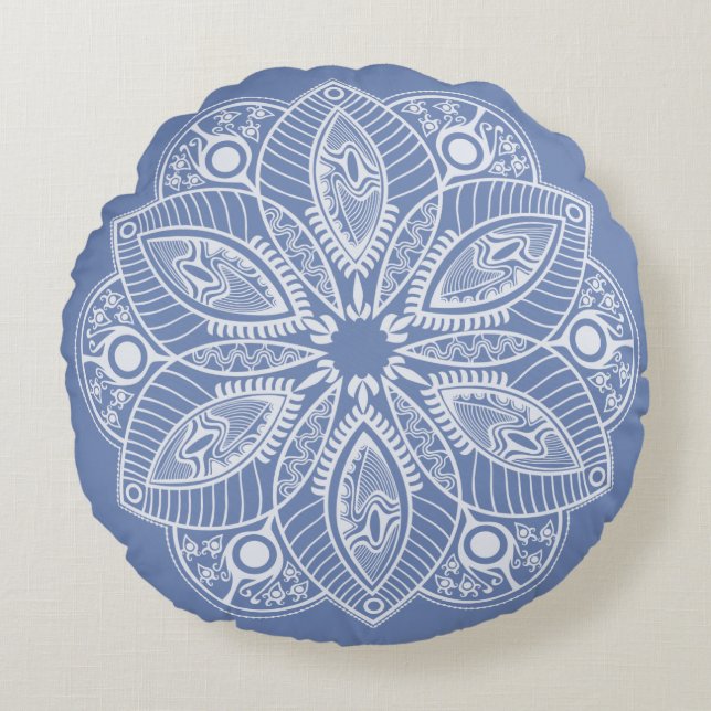 Exotic White Mandala on Blue Background Round Pillow (Front)