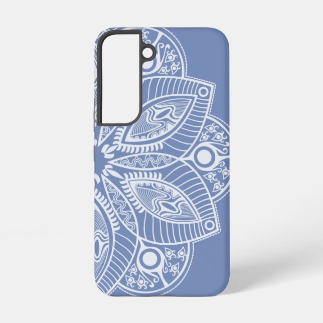 Exotic White Mandala on Blue Background Samsung Galaxy S22 Case (Back)