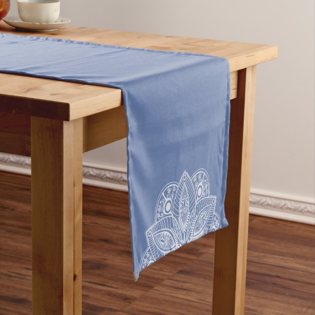 Exotic White Mandala on Blue Background Short Table Runner (In Situ)