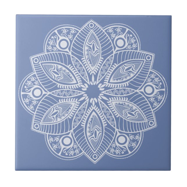 Exotic White Mandala on Blue Background Tile (Front)
