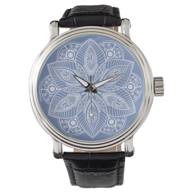 Exotic White Mandala on Blue Background Watch (Front)