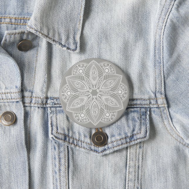 Exotic White Mandala on Grey Background 3 Inch Round Button (In Situ)