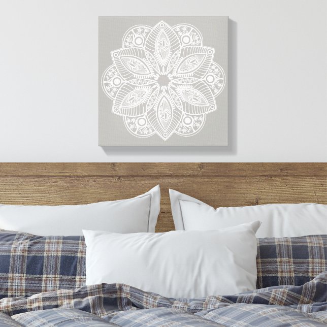Exotic White Mandala on Grey Background Canvas Print (Insitu(Bedroom))
