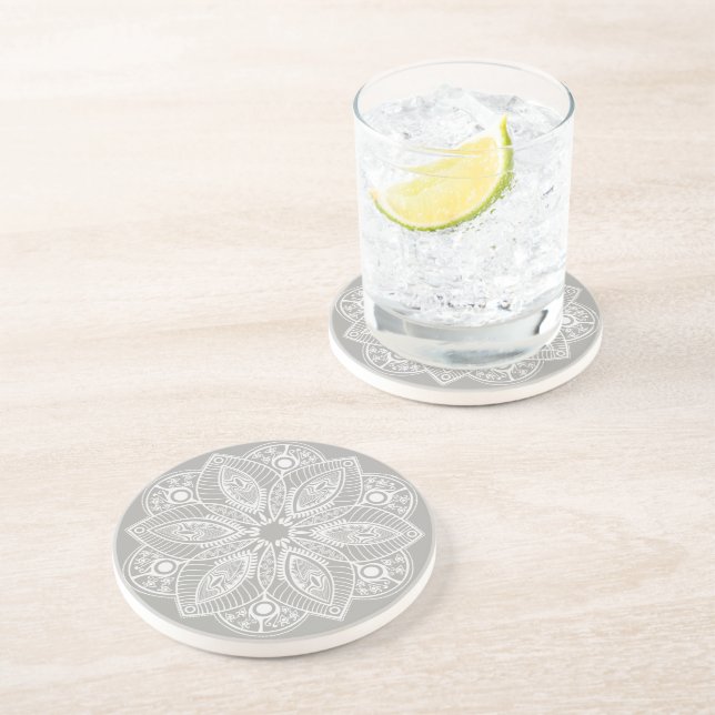 Exotic White Mandala on Grey Background Coaster (Side)