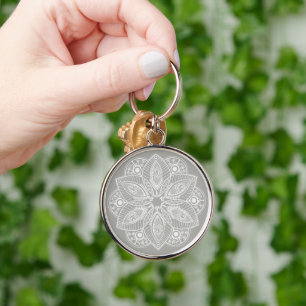 Exotic White Mandala on Grey Background Keychain