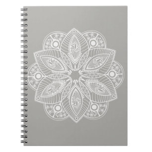 Exotic White Mandala on Grey Background Notebook