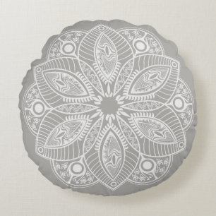 Exotic White Mandala on Grey Background Round Pillow