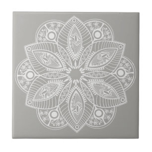 Exotic White Mandala on Grey Background Tile