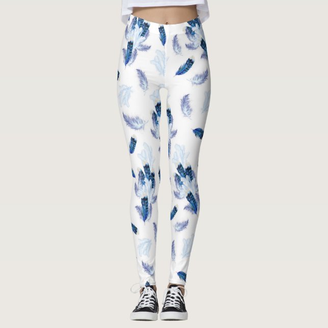 Exotic-White Parrot Blue tone Feathers Repeats Leggings (Front)