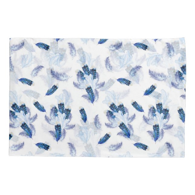 Exotic-White Parrot Blue tone Feathers Repeats Pillowcase (Back)