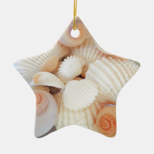 Exotic White Peach Sea Shells, Summer Beach Ceramic Ornament (Front)