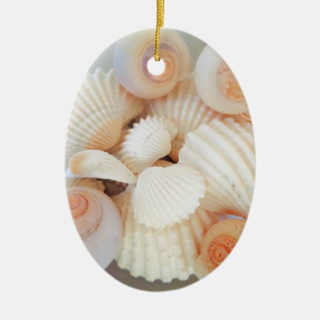 Exotic White Peach Sea Shells, Summer Beach Ceramic Ornament (Front)