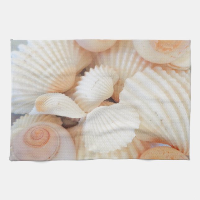 Exotic White Peach Sea Shells, Summer Beach Kitchen Towel (Horizontal)