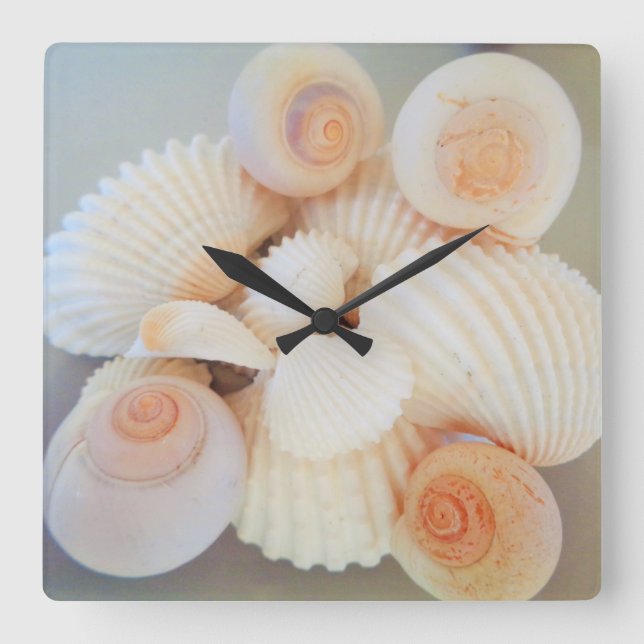 Exotic White Peach Sea Shells, Summer Beach Square Wall Clock (Front)