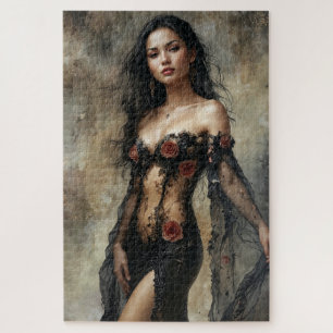 Exotic Woman in Sheer Black Gown Jigsaw Puzzle