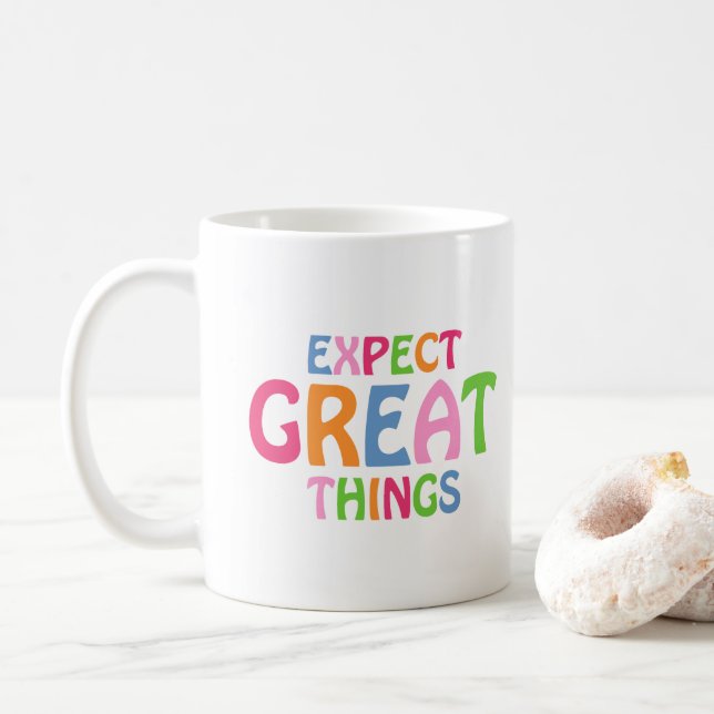 Expect Great Things Inspirational Typography Quote Coffee Mug (With Donut)