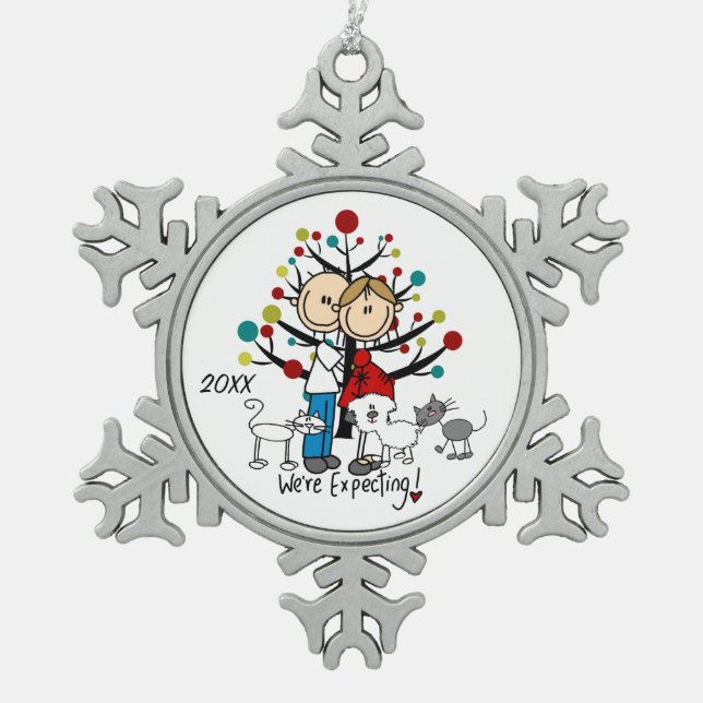 Expectant Couple 2 Cats Dog Snowflake Ornament (Front)
