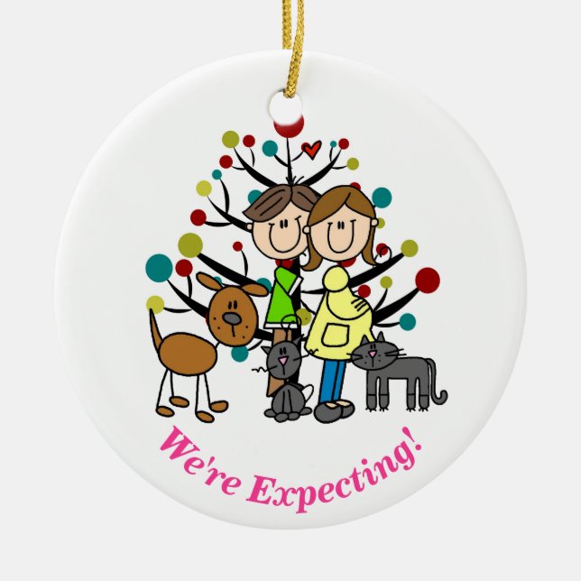 Expectant Couple, Two Cats, Dog Ornament (Front)