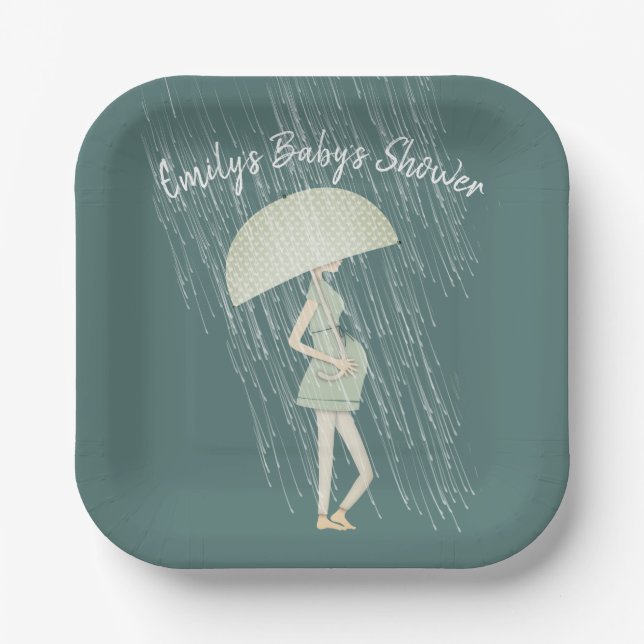 Expectant Mom with Umbrella   Paper Plate (Front)