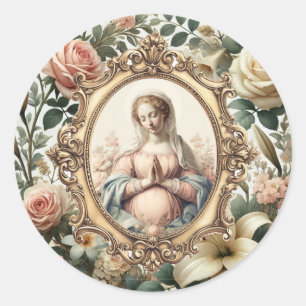 Expectant Virgin Mary with Floral Ornate Frame Classic Round Sticker