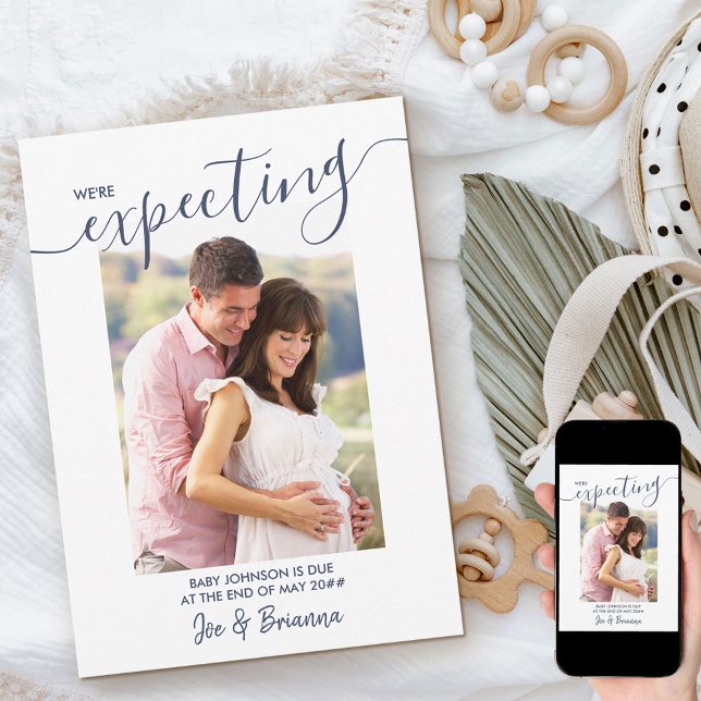 Expecting Photo Elegant Script Navy Pink Pregnancy Announcement (Creator Uploaded)