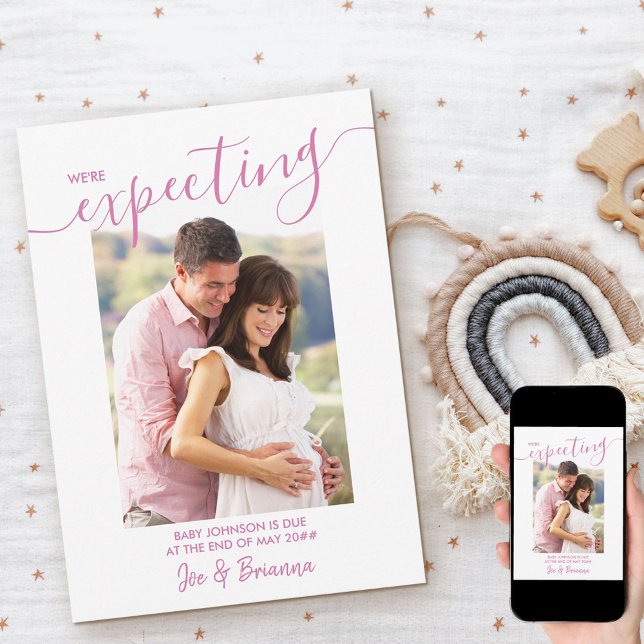 Expecting Photo Elegant Script Pink Navy Pregnancy Announcement (Creator Uploaded)