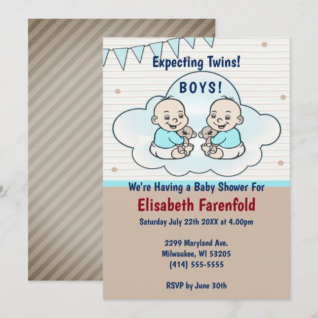 Expecting Twin Boys in Cloud Baby Shower Invitation (Front/Back)